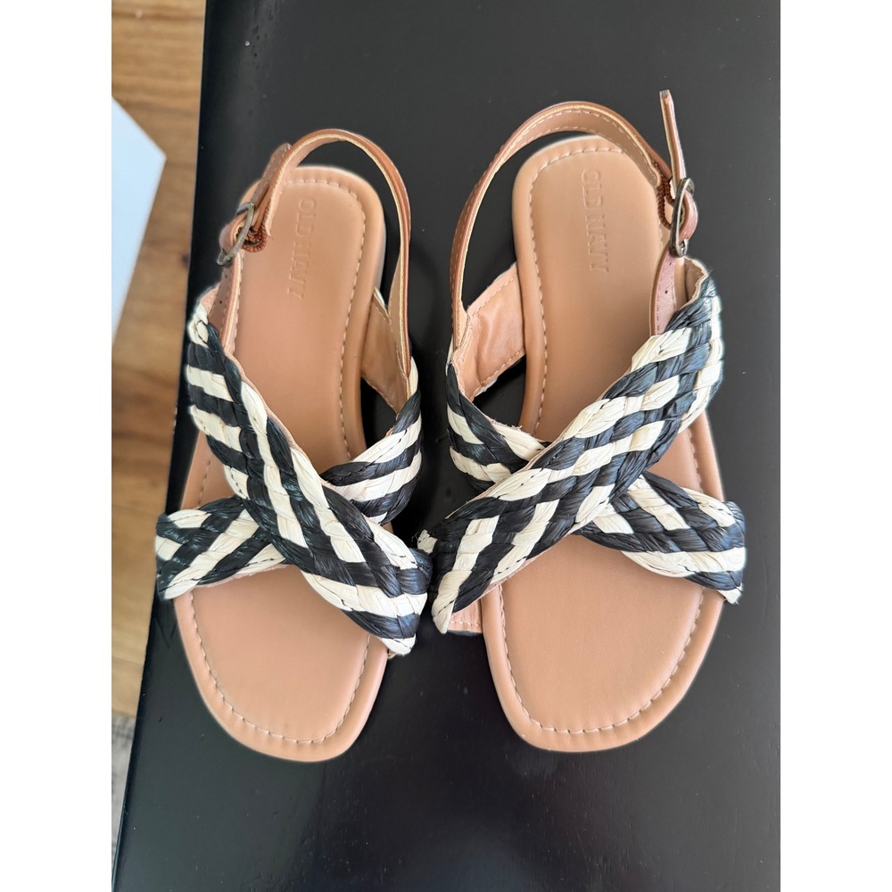 Old Navy Girls Black White Braided Straw Crisscross Slingback Sandals Size 1